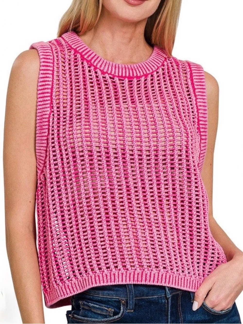 Zenana Acid Washed
Fishnet Ribbed Edge Sweater Vest.